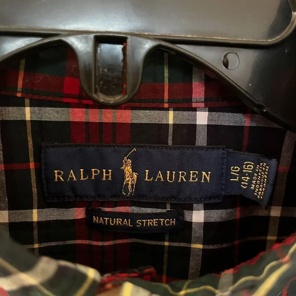 Ralph Lauren Red Green Navy Plaid Button Up Shirt Cotton Boys Size Large 14-16